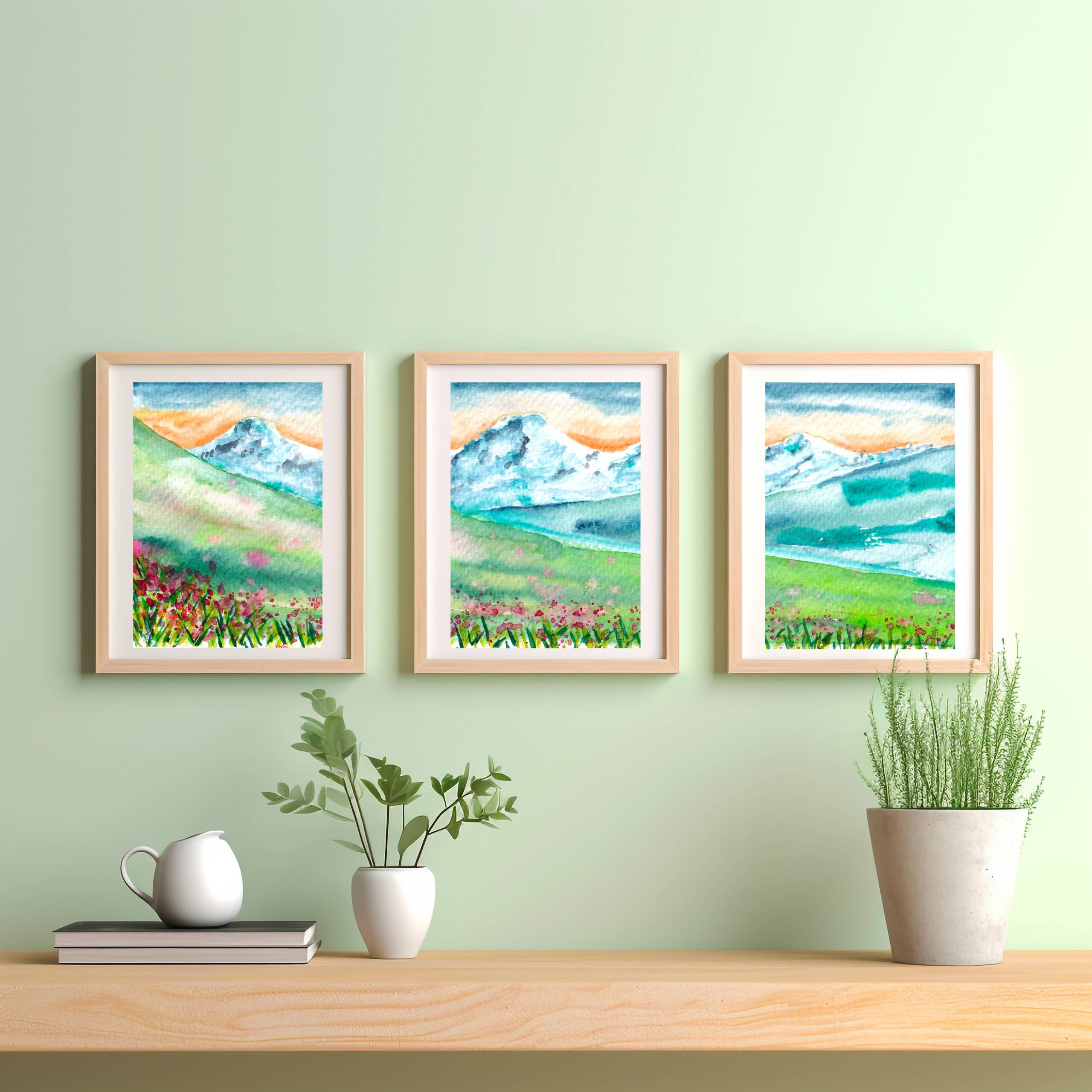 triptyque paysage montagne aquarelle